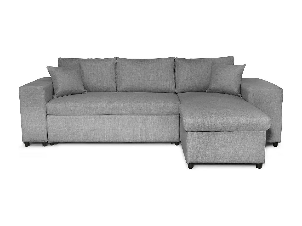 Canapé d'angle réversible Mady avec coffre accoudoir étagère et poufs gauche en tissu- Gris clair - L254 x P146 x H81cm - Loungitude