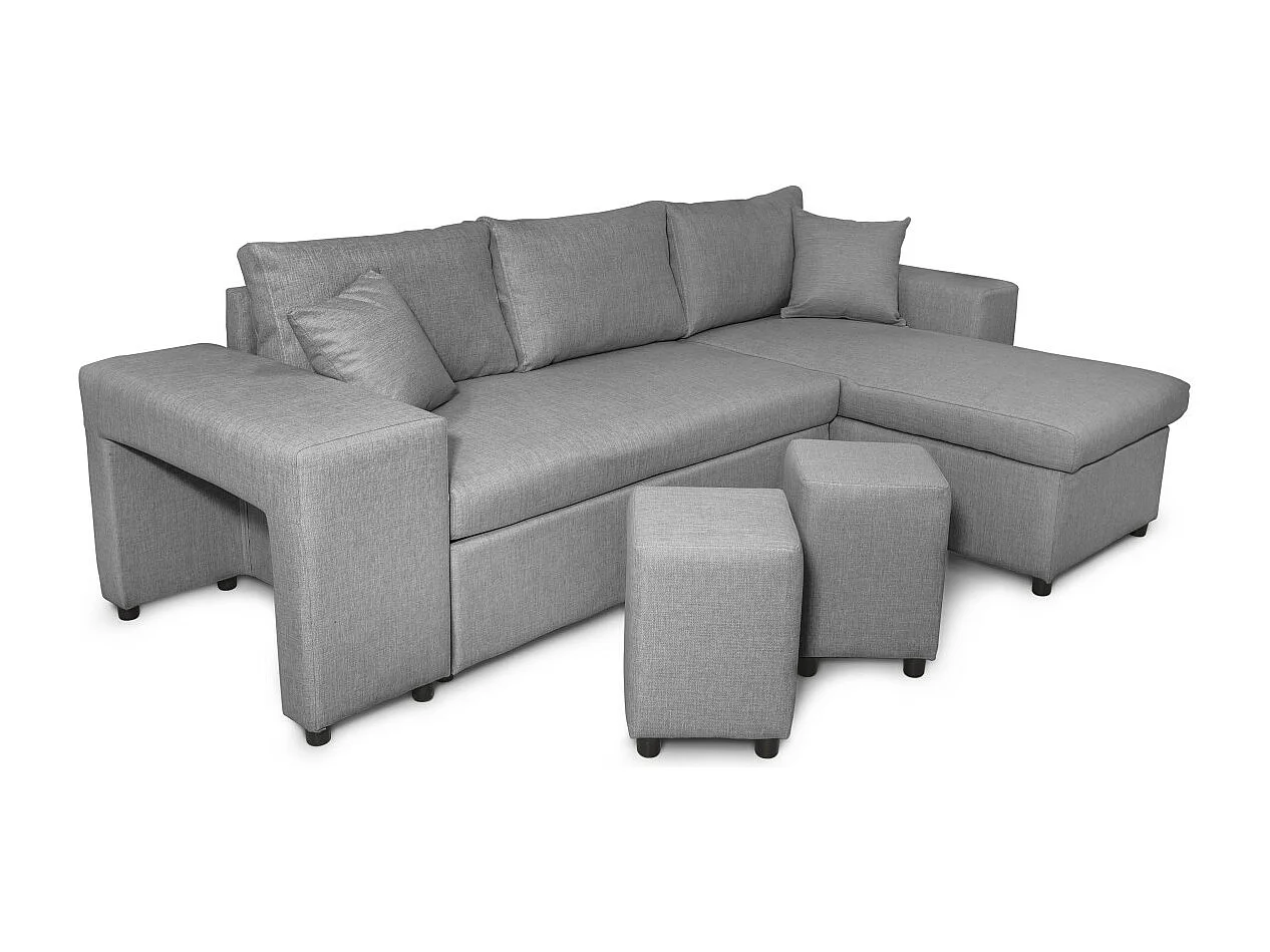 Canapé d'angle réversible Mady avec coffre accoudoir étagère et poufs gauche en tissu- Gris clair - L254 x P146 x H81cm - Loungitude