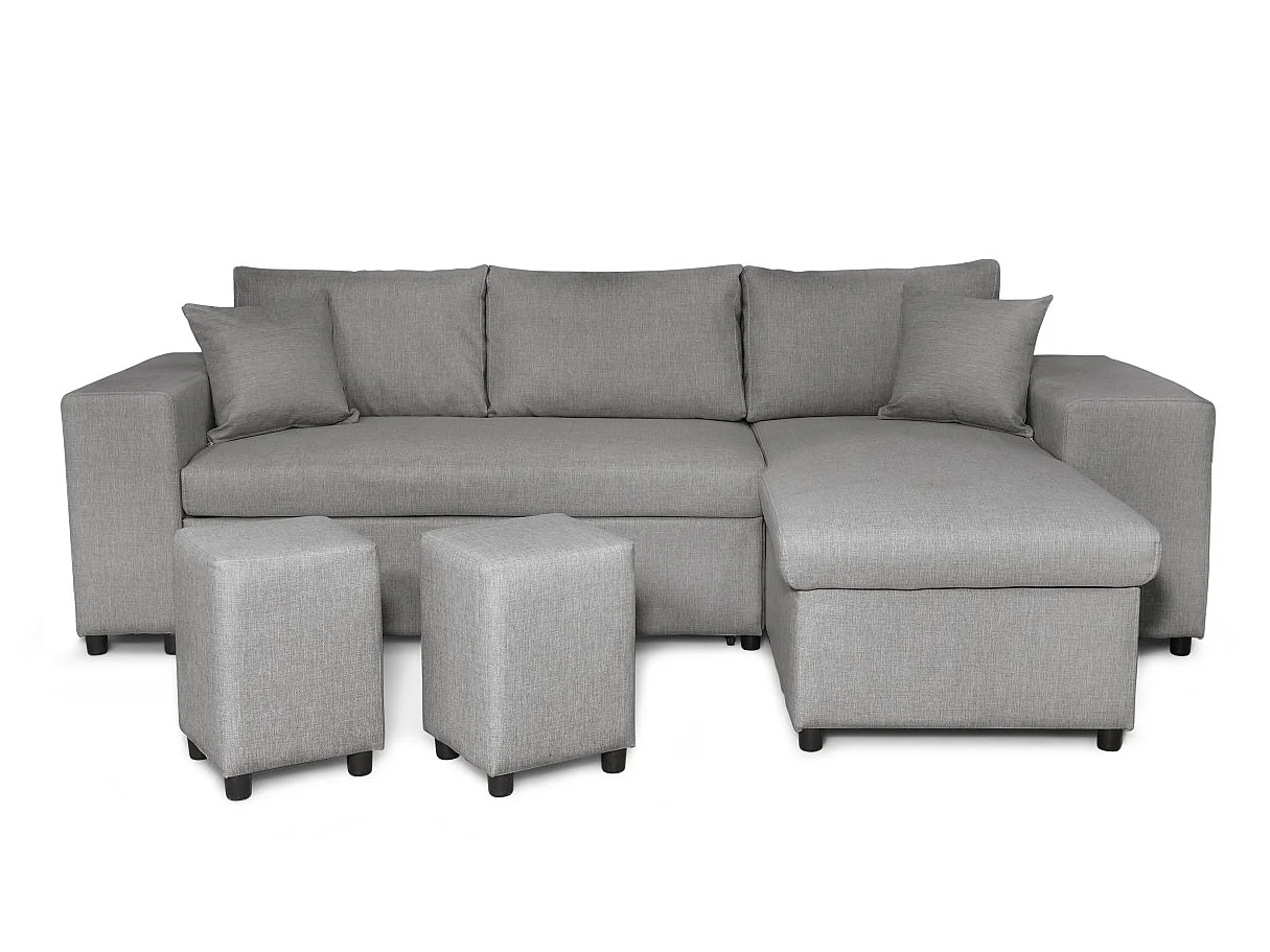 Canapé d'angle convertible 7 places avec pouf en tissu gris clair