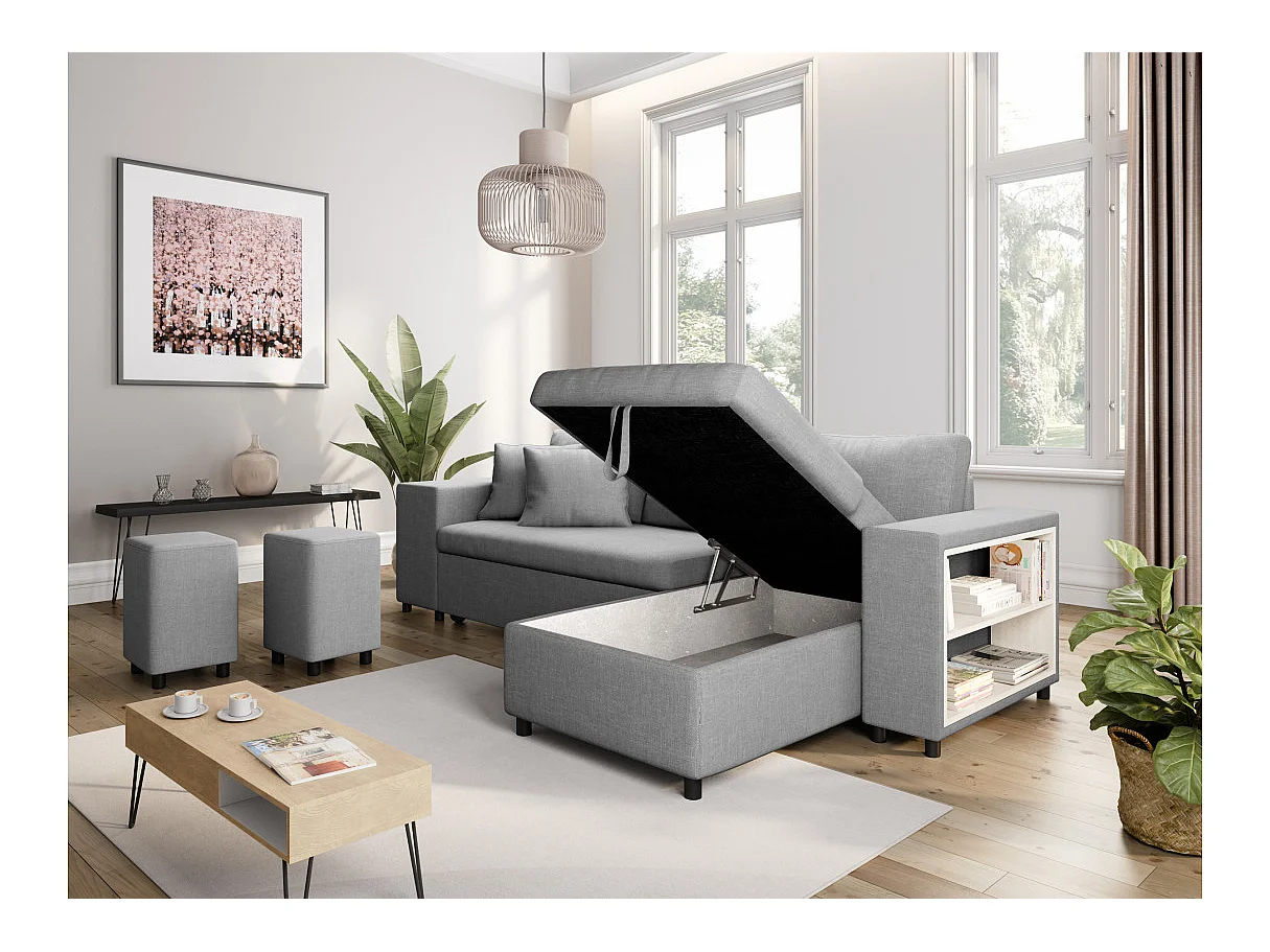 Canapé d'angle convertible 7 places avec pouf en tissu gris clair