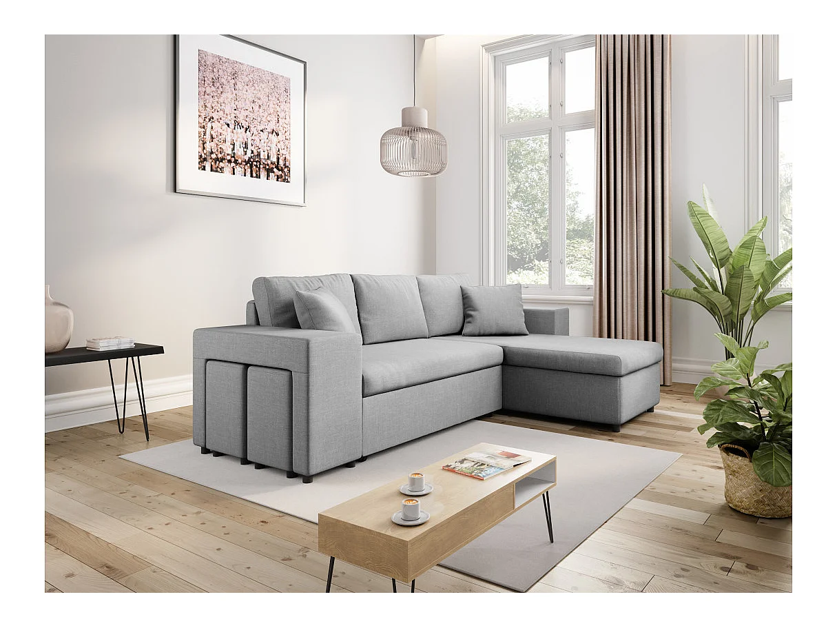 Canapé d'angle convertible 7 places avec pouf en tissu gris clair