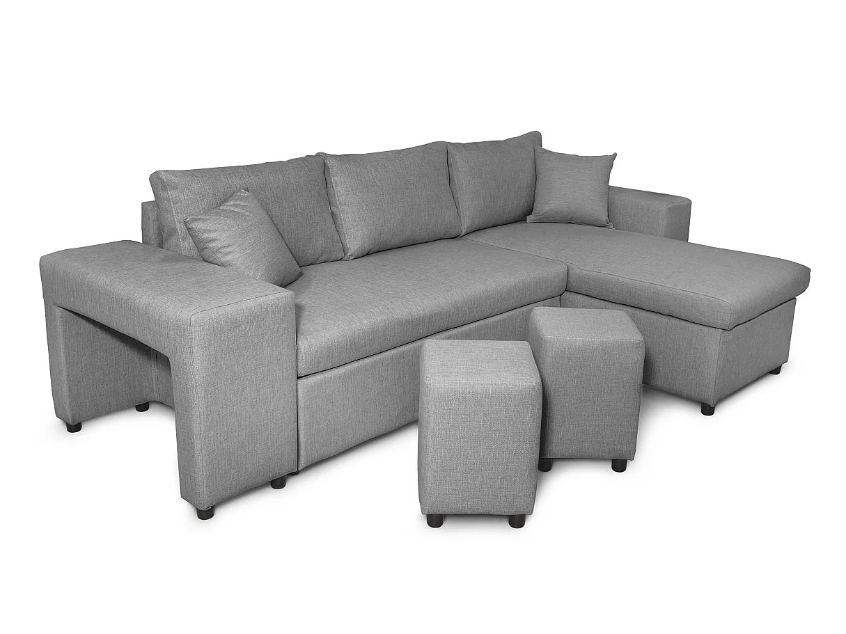 Canapé d'angle convertible 7 places avec pouf en tissu gris clair