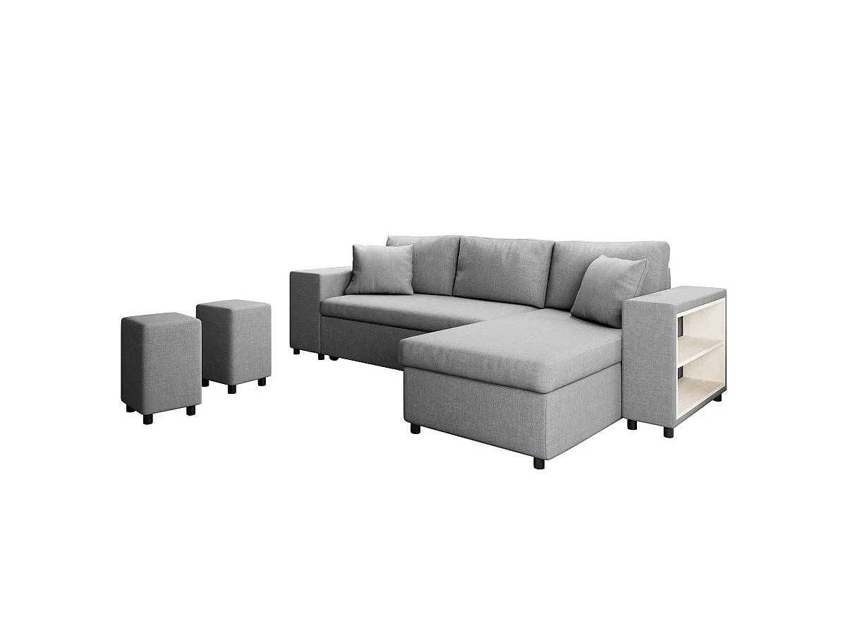Canapé d'angle convertible 7 places avec pouf en tissu gris clair