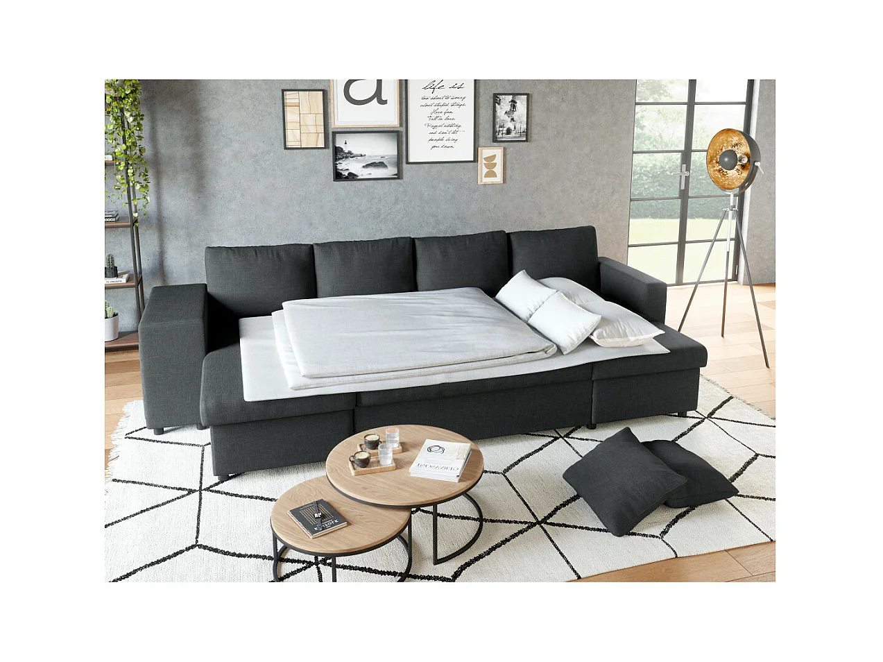 Canapé d'angle panoramique Oslo convertible avec coffres et poufs à gauche - Tissu - Gris anthracite - L311 x P146 x H81cm - Loungitude