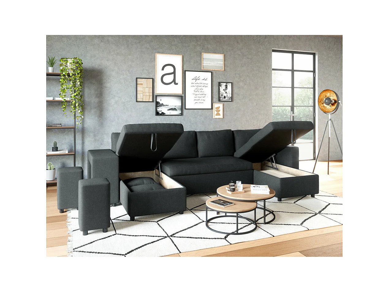 Canapé d'angle panoramique Oslo convertible avec coffres et poufs à gauche - Tissu - Gris anthracite - L311 x P146 x H81cm - Loungitude