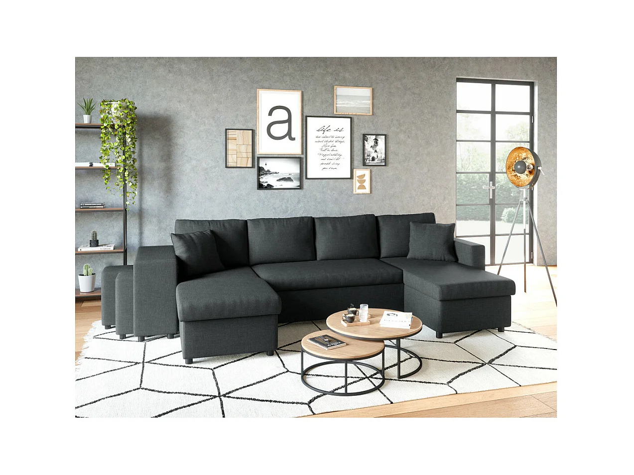 Canapé d'angle panoramique Oslo convertible avec coffres et poufs à gauche - Tissu - Gris anthracite - L311 x P146 x H81cm - Loungitude