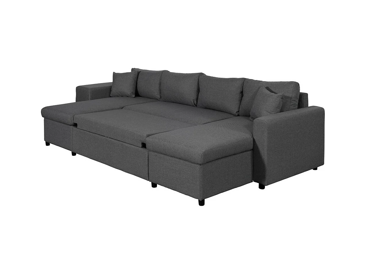 Canapé d'angle panoramique Oslo convertible avec coffres et poufs à gauche - Tissu - Gris anthracite - L311 x P146 x H81cm - Loungitude