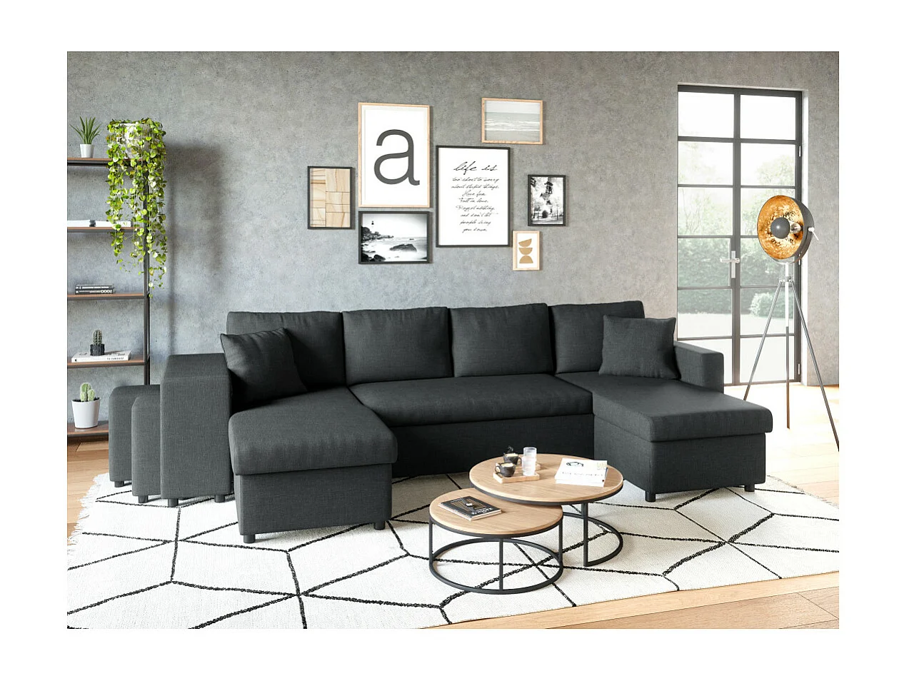 Canapé d'angle panoramique Oslo convertible avec coffres et poufs à gauche - Tissu - Gris anthracite - L311 x P146 x H81cm - Loungitude