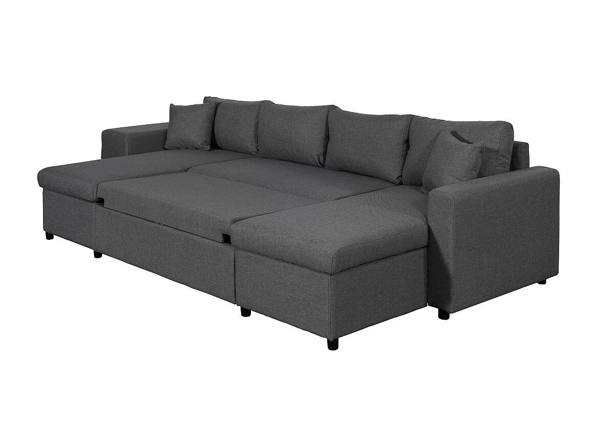 Canapé d'angle panoramique Oslo convertible avec coffres et poufs à gauche - Tissu - Gris anthracite - L311 x P146 x H81cm - Loungitude