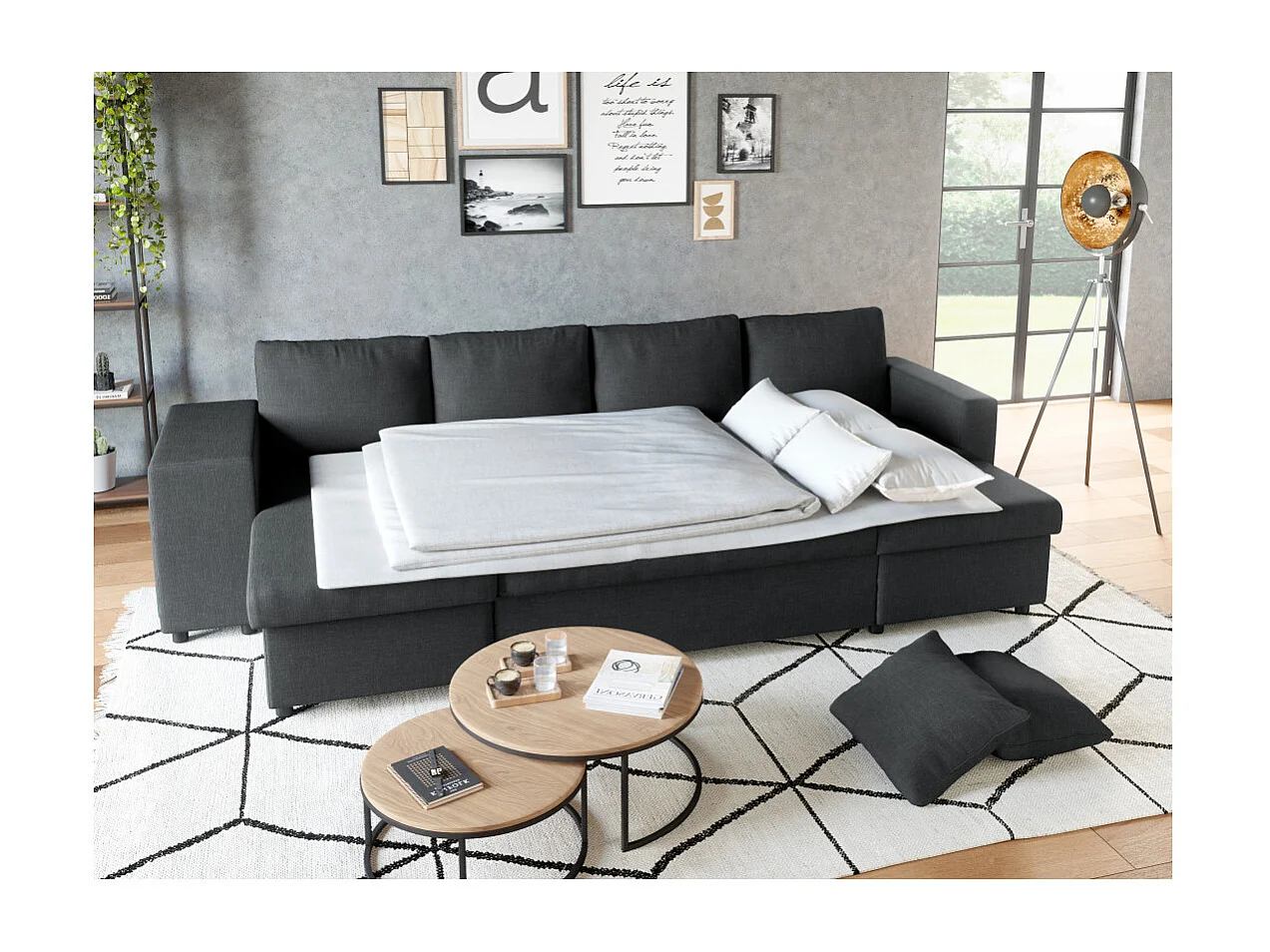 Canapé d'angle panoramique Oslo convertible avec coffres et poufs à gauche - Tissu - Gris anthracite - L311 x P146 x H81cm - Loungitude