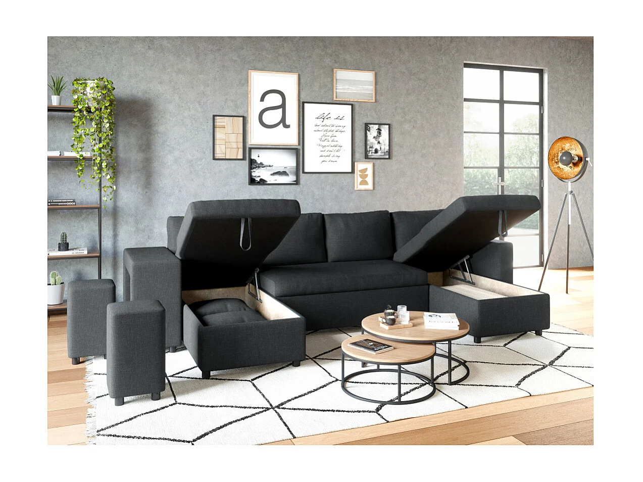 Canapé d'angle panoramique Oslo convertible avec coffres et poufs à gauche - Tissu - Gris anthracite - L311 x P146 x H81cm - Loungitude