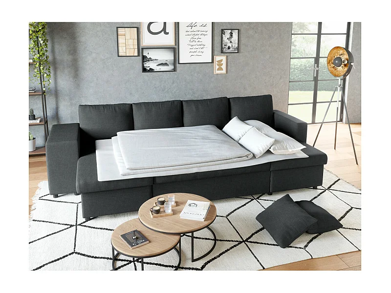 Canapé d'angle panoramique Oslo convertible avec coffres et poufs à gauche - Tissu - Gris anthracite - L311 x P146 x H81cm - Loungitude