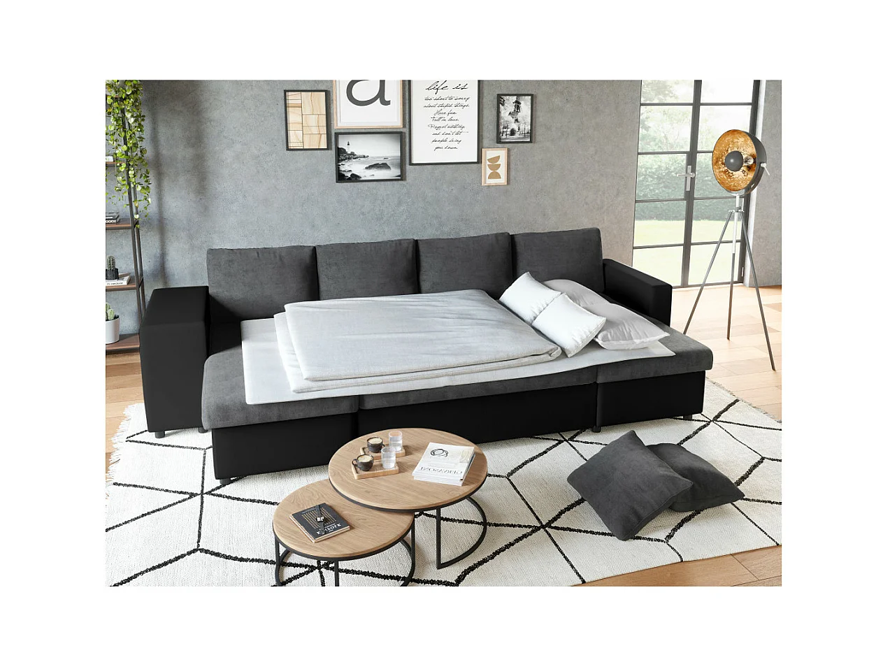 Canapé panoramique Oslo convertible avec coffres, poufs à droite - Simili/Microfibre - Noir/Gris - L311 x P146 x H81cm - Loungitude