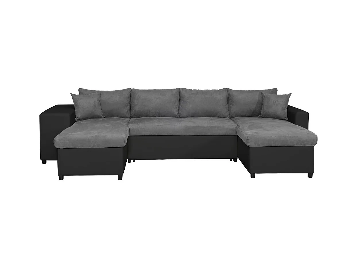 Canapé panoramique Oslo convertible avec coffres, poufs à droite - Simili/Microfibre - Noir/Gris - L311 x P146 x H81cm - Loungitude