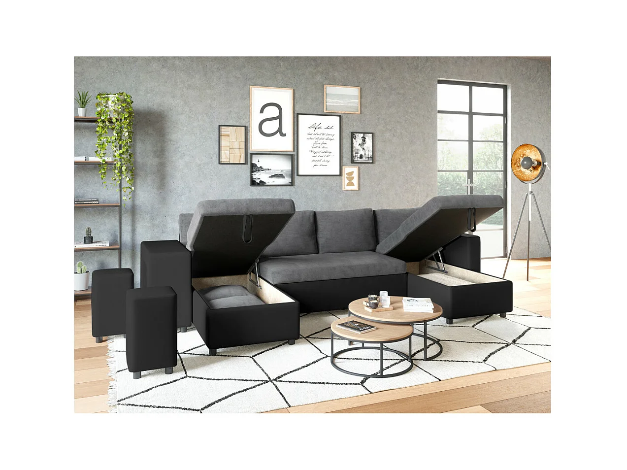 Canapé panoramique Oslo convertible avec coffres, poufs à droite - Simili/Microfibre - Noir/Gris - L311 x P146 x H81cm - Loungitude