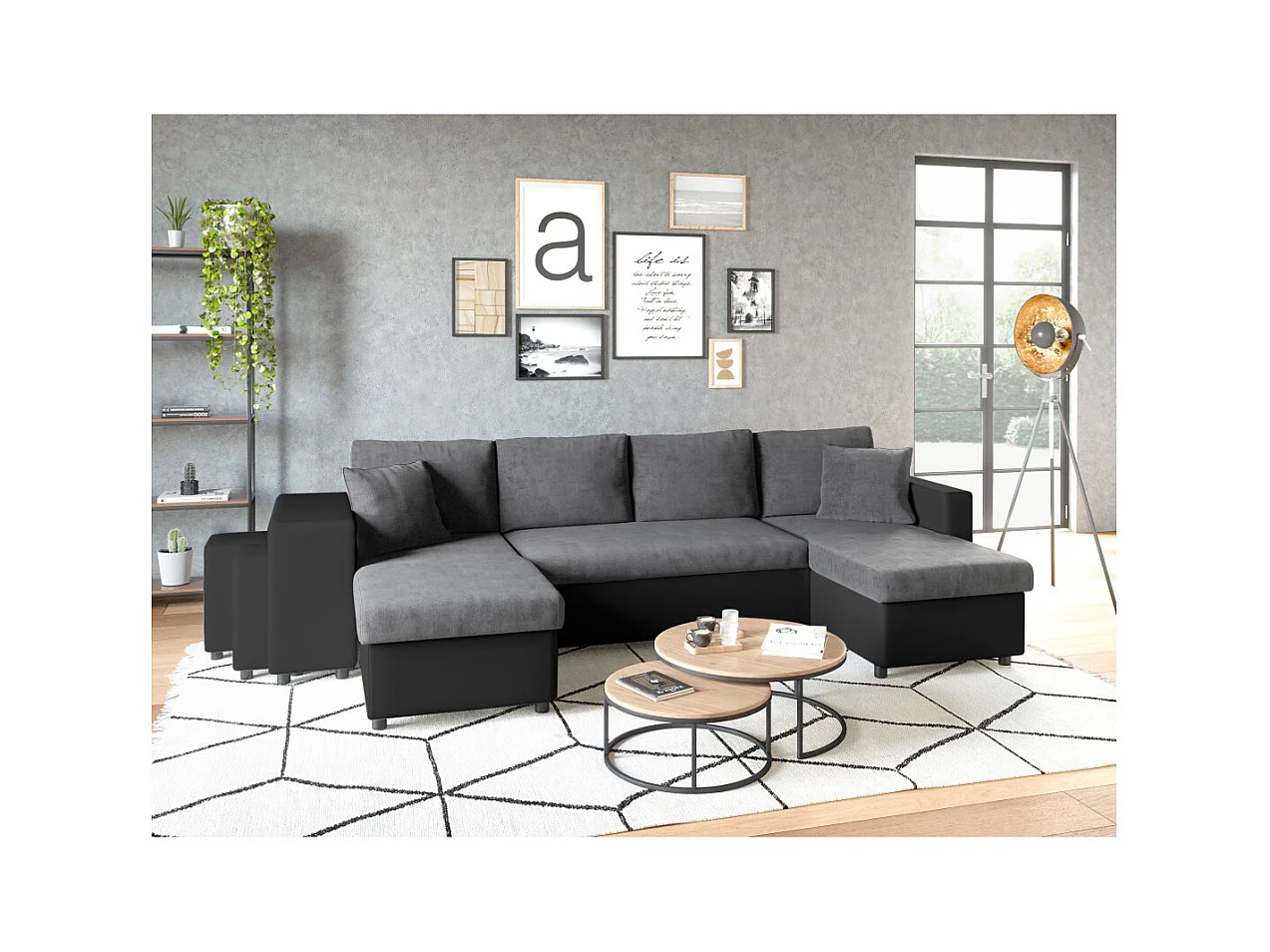 Canapé panoramique Oslo convertible avec coffres, poufs à droite - Simili/Microfibre - Noir/Gris - L311 x P146 x H81cm - Loungitude