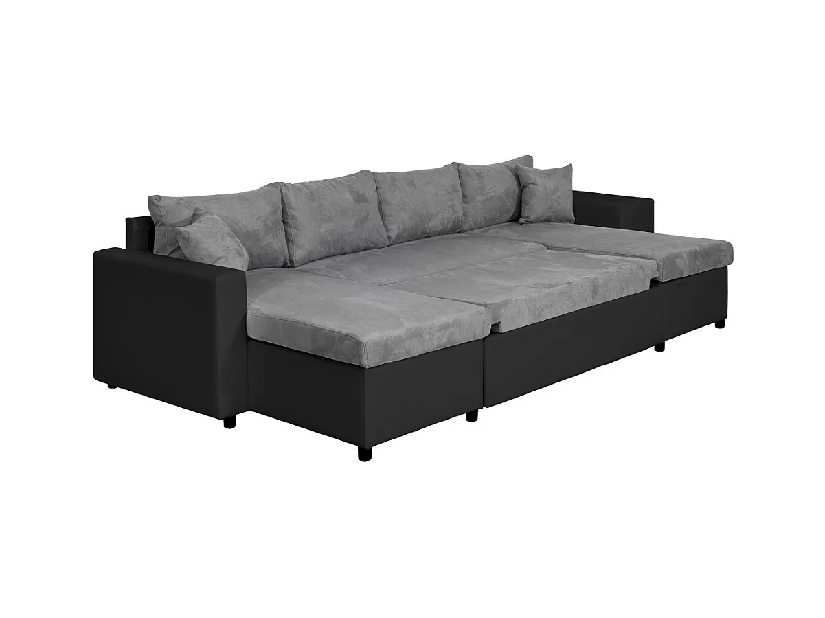 Canapé panoramique Oslo convertible avec coffres, poufs à droite - Simili/Microfibre - Noir/Gris - L311 x P146 x H81cm - Loungitude