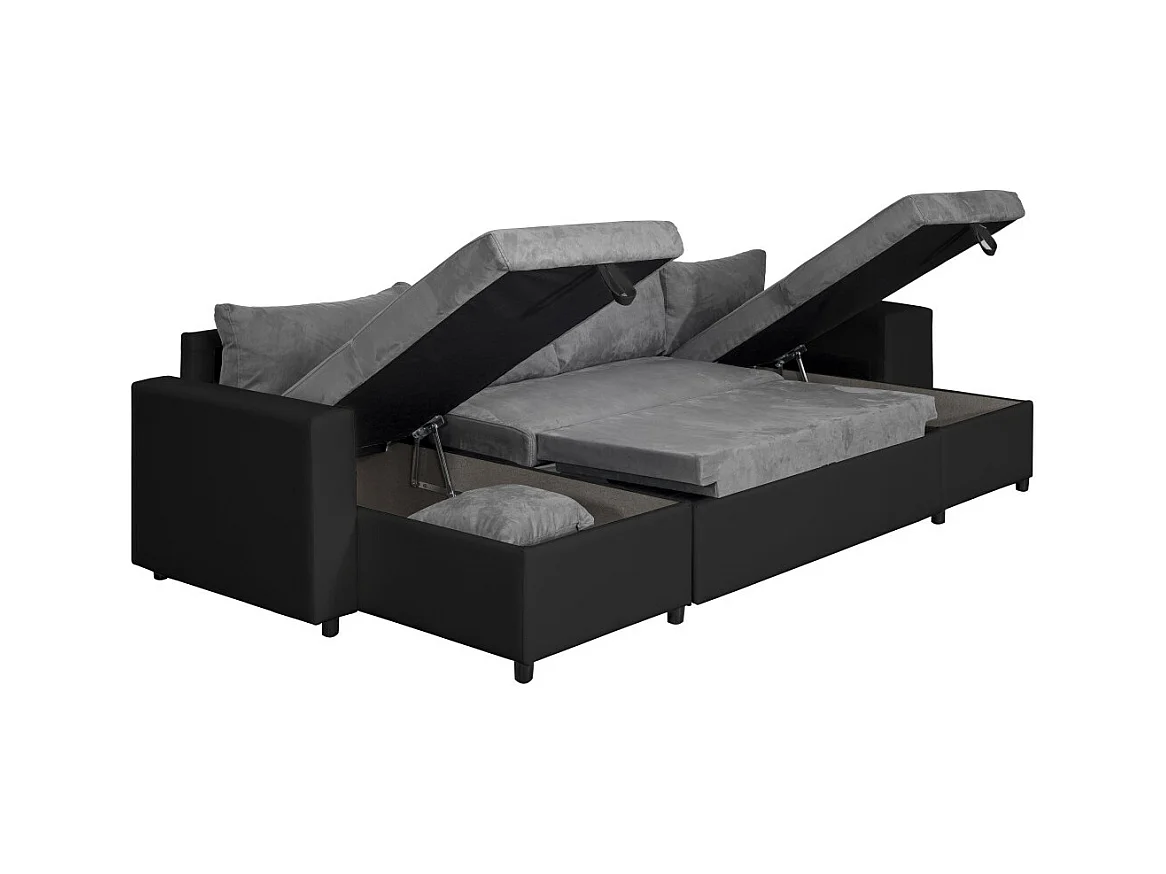 Canapé panoramique Oslo convertible avec coffres, poufs à droite - Simili/Microfibre - Noir/Gris - L311 x P146 x H81cm - Loungitude