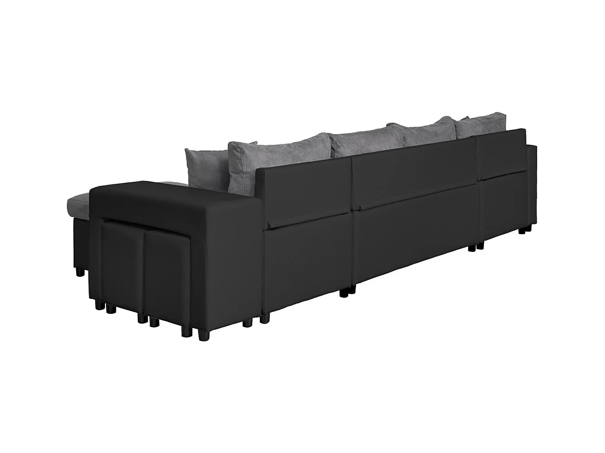 Canapé panoramique Oslo convertible avec coffres, poufs à droite - Simili/Microfibre - Noir/Gris - L311 x P146 x H81cm - Loungitude