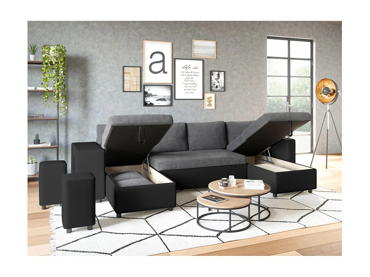 Canapé panoramique Oslo convertible avec coffres, poufs à droite - Simili/Microfibre - Noir/Gris - L311 x P146 x H81cm - Loungitude