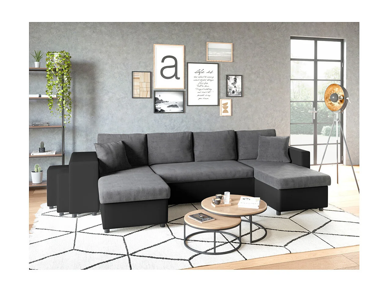 Canapé panoramique Oslo convertible avec coffres, poufs à droite - Simili/Microfibre - Noir/Gris - L311 x P146 x H81cm - Loungitude