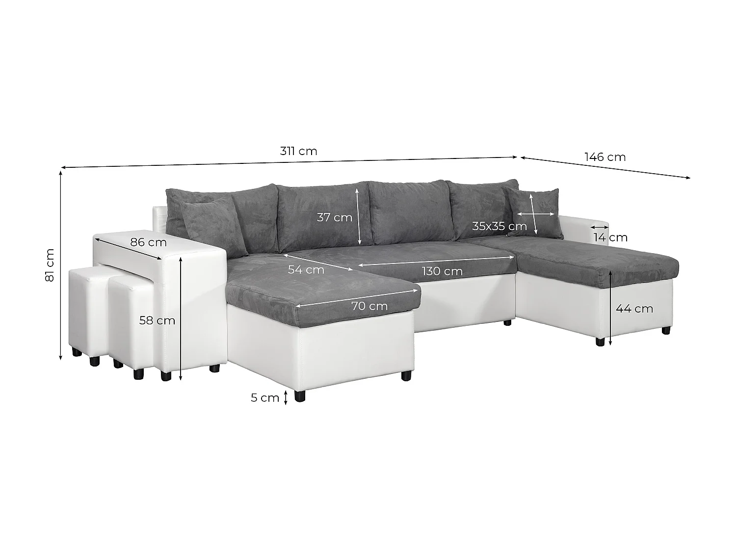 Canapé panoramique Oslo convertible avec coffres, poufs à droite - Simili/Microfibre - Noir/Gris - L311 x P146 x H81cm - Loungitude