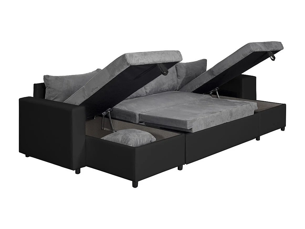 Canapé panoramique Oslo convertible avec coffres, poufs à droite - Simili/Microfibre - Noir/Gris - L311 x P146 x H81cm - Loungitude