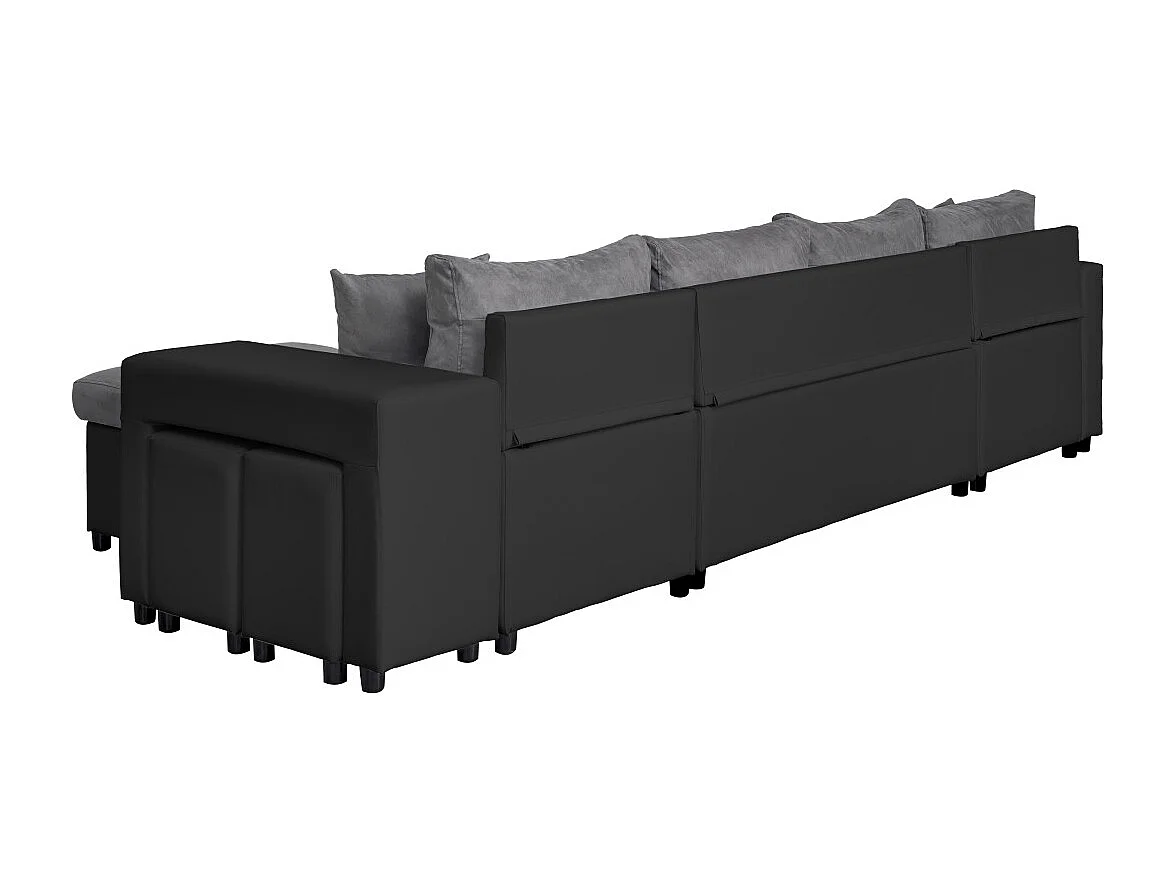 Canapé panoramique Oslo convertible avec coffres, poufs à droite - Simili/Microfibre - Noir/Gris - L311 x P146 x H81cm - Loungitude