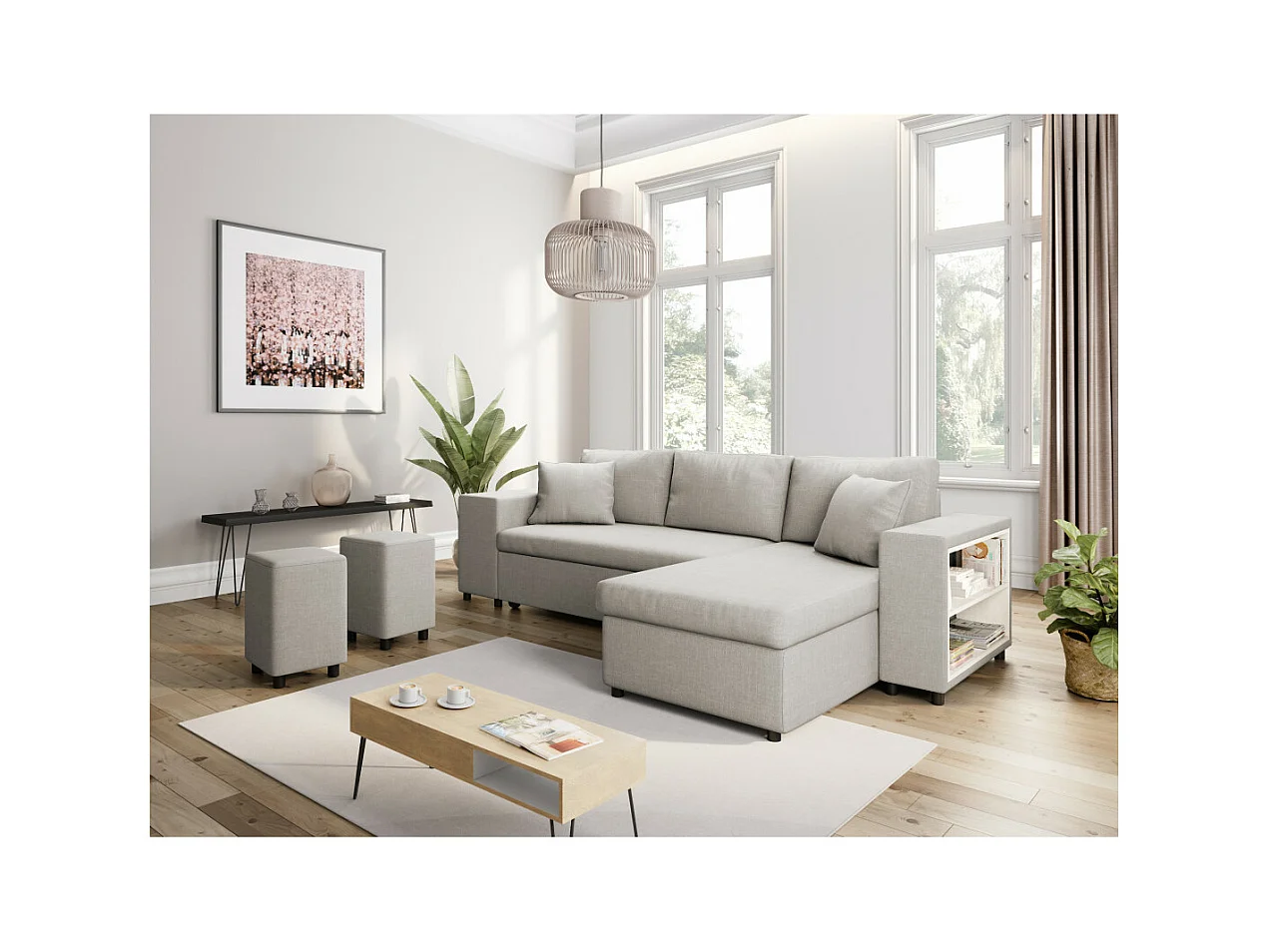 Canapé d'angle réversible Mady avec coffre, accoudoir étagère et poufs gauche en tissu - Beige - L254 x P146 x H81cm - Loungitude