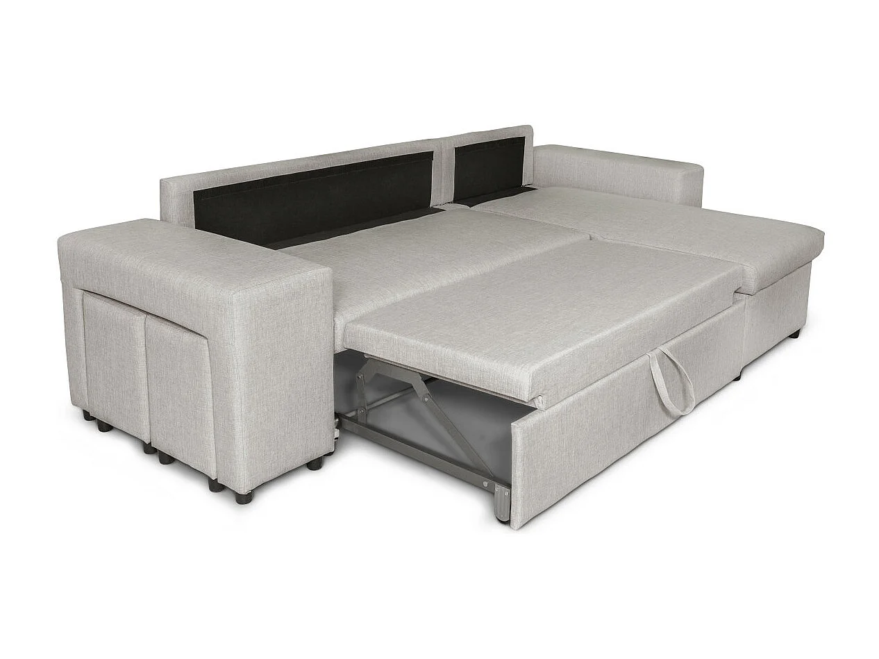 Canapé d'angle réversible Mady avec coffre, accoudoir étagère et poufs gauche en tissu - Beige - L254 x P146 x H81cm - Loungitude