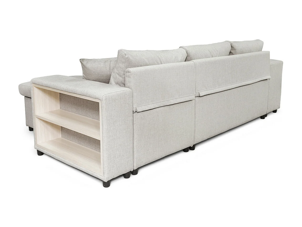 Canapé d'angle réversible Mady avec coffre, accoudoir étagère et poufs gauche en tissu - Beige - L254 x P146 x H81cm - Loungitude