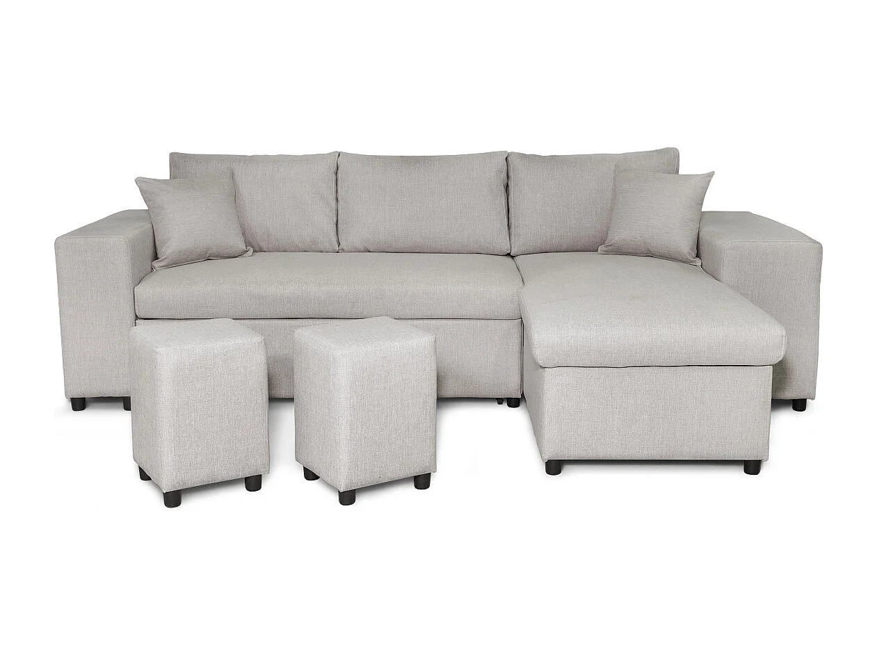 Canapé d'angle réversible Mady avec coffre, accoudoir étagère et poufs gauche en tissu - Beige - L254 x P146 x H81cm - Loungitude