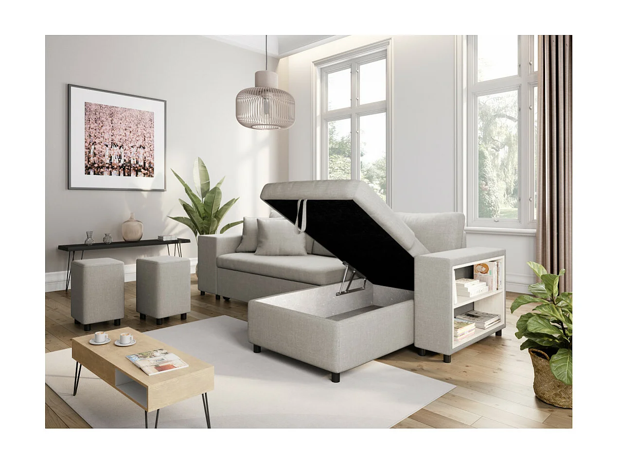 Canapé d'angle réversible Mady avec coffre, accoudoir étagère et poufs gauche en tissu - Beige - L254 x P146 x H81cm - Loungitude