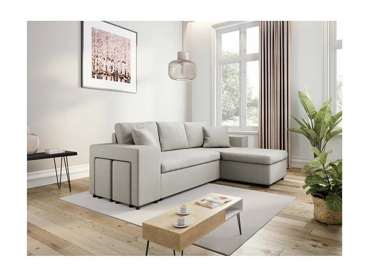 Canapé d'angle réversible Mady avec coffre, accoudoir étagère et poufs gauche en tissu - Beige - L254 x P146 x H81cm - Loungitude