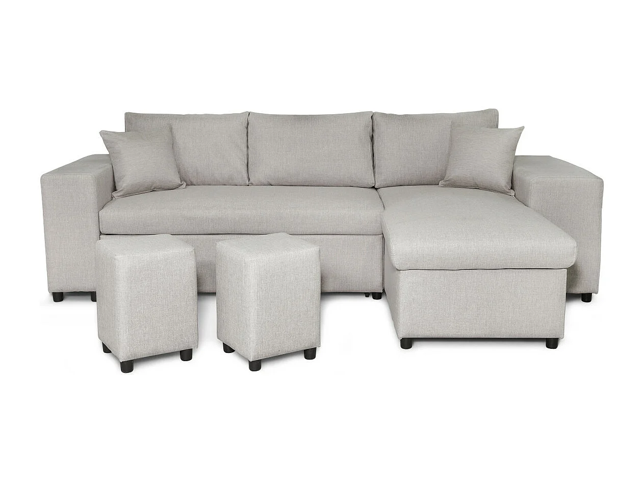 Canapé d'angle réversible Mady avec coffre, accoudoir étagère et poufs gauche en tissu - Beige - L254 x P146 x H81cm - Loungitude
