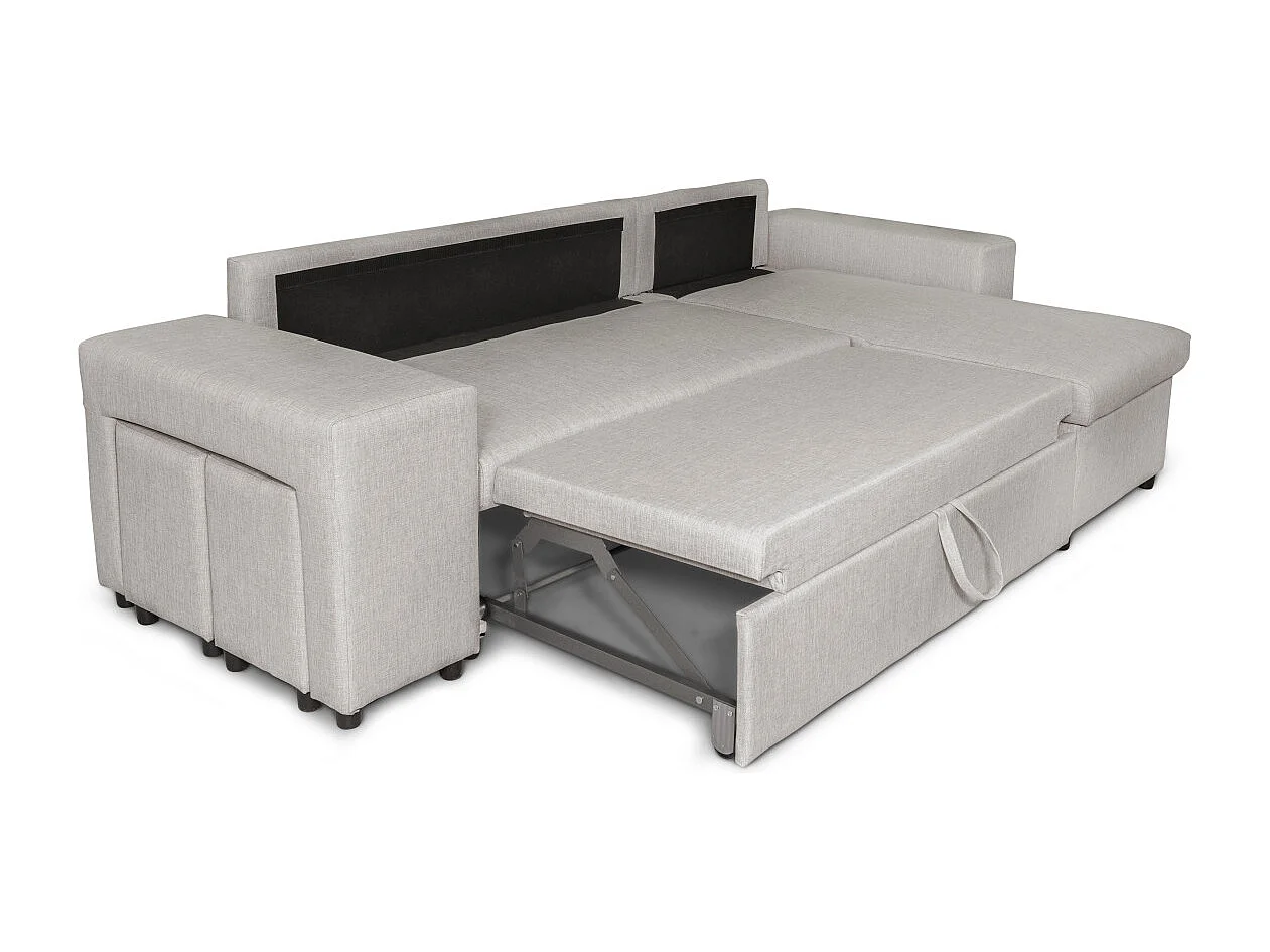 Canapé d'angle réversible Mady avec coffre, accoudoir étagère et poufs gauche en tissu - Beige - L254 x P146 x H81cm - Loungitude
