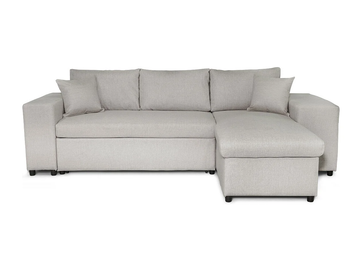 Canapé d'angle réversible Mady avec coffre, accoudoir étagère et poufs gauche en tissu - Beige - L254 x P146 x H81cm - Loungitude