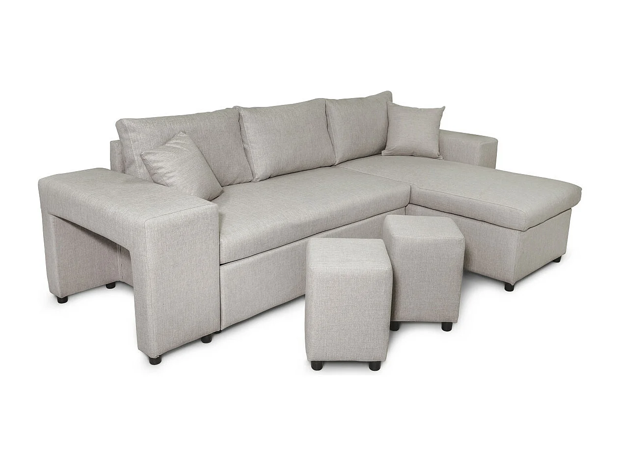Canapé d'angle réversible Mady avec coffre, accoudoir étagère et poufs gauche en tissu - Beige - L254 x P146 x H81cm - Loungitude