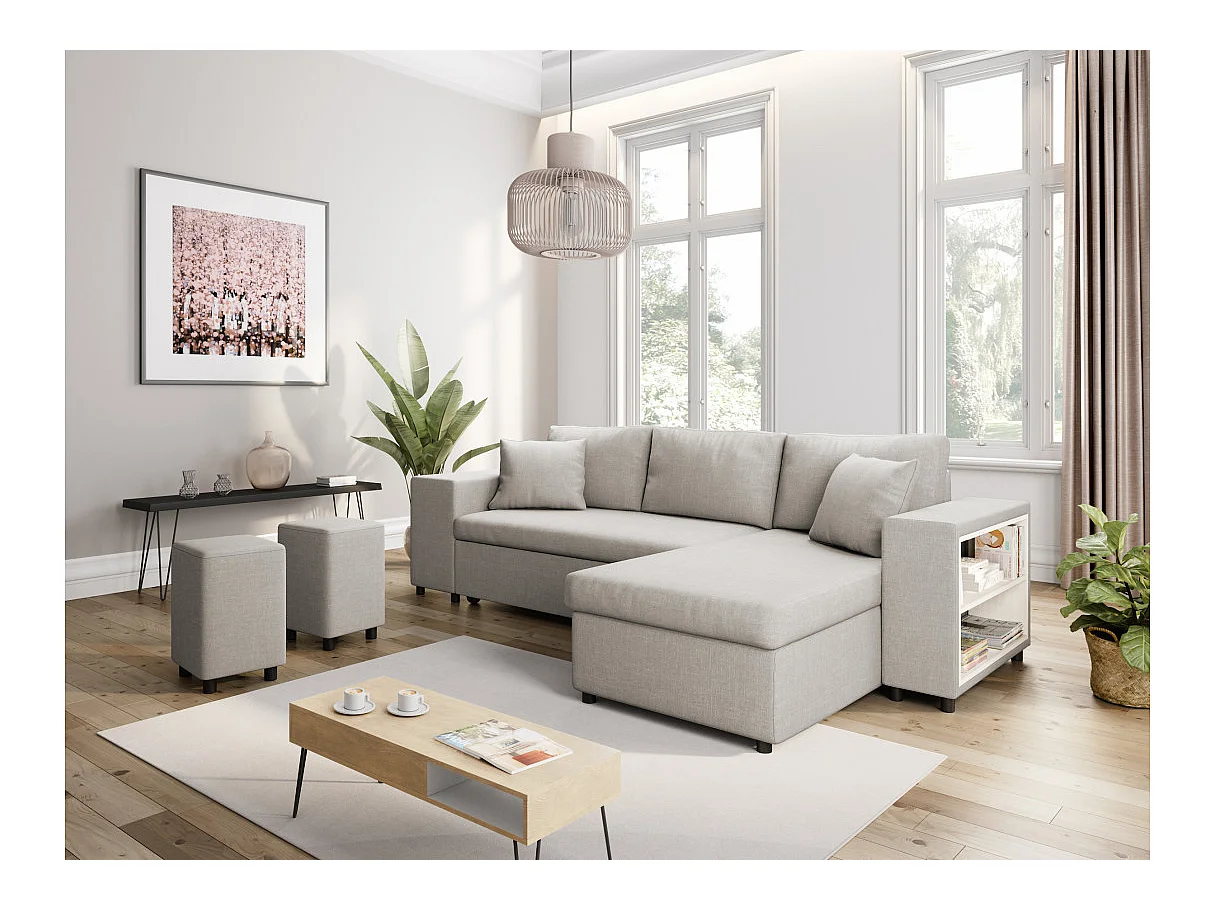 Canapé d'angle réversible Mady avec coffre, accoudoir étagère et poufs gauche en tissu - Beige - L254 x P146 x H81cm - Loungitude