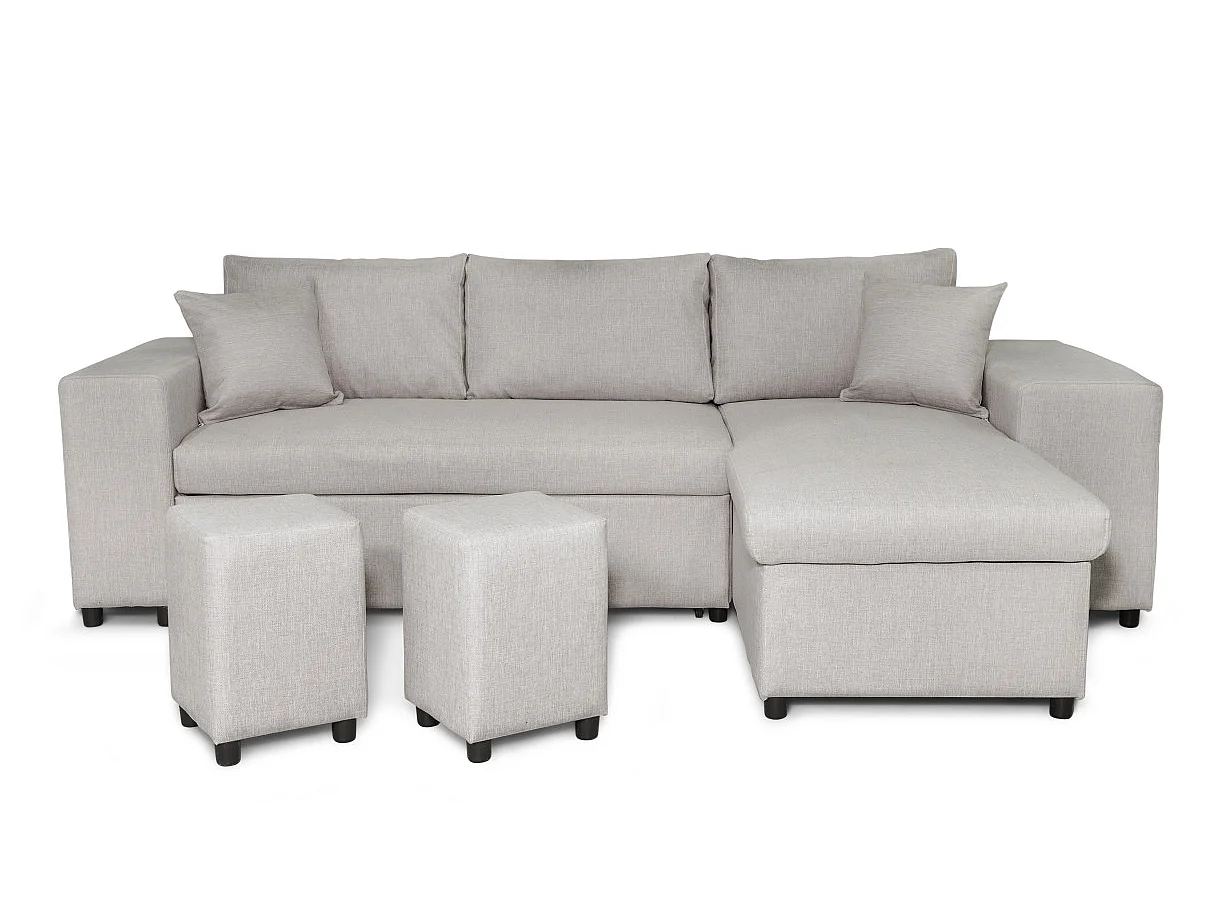 Canapé d'angle réversible Mady avec coffre, accoudoir étagère et poufs gauche en tissu - Beige - L254 x P146 x H81cm - Loungitude