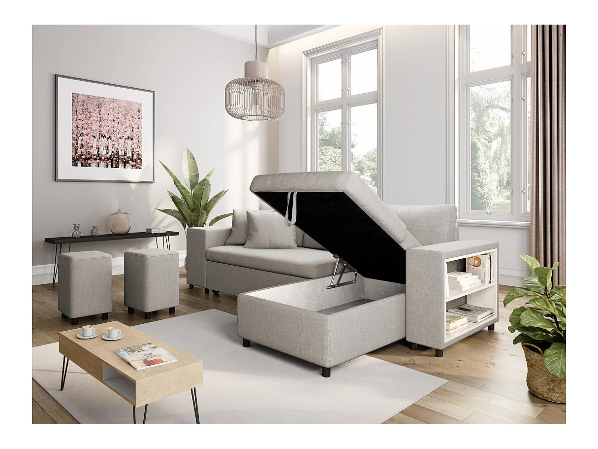Canapé d'angle réversible Mady avec coffre, accoudoir étagère et poufs gauche en tissu - Beige - L254 x P146 x H81cm - Loungitude