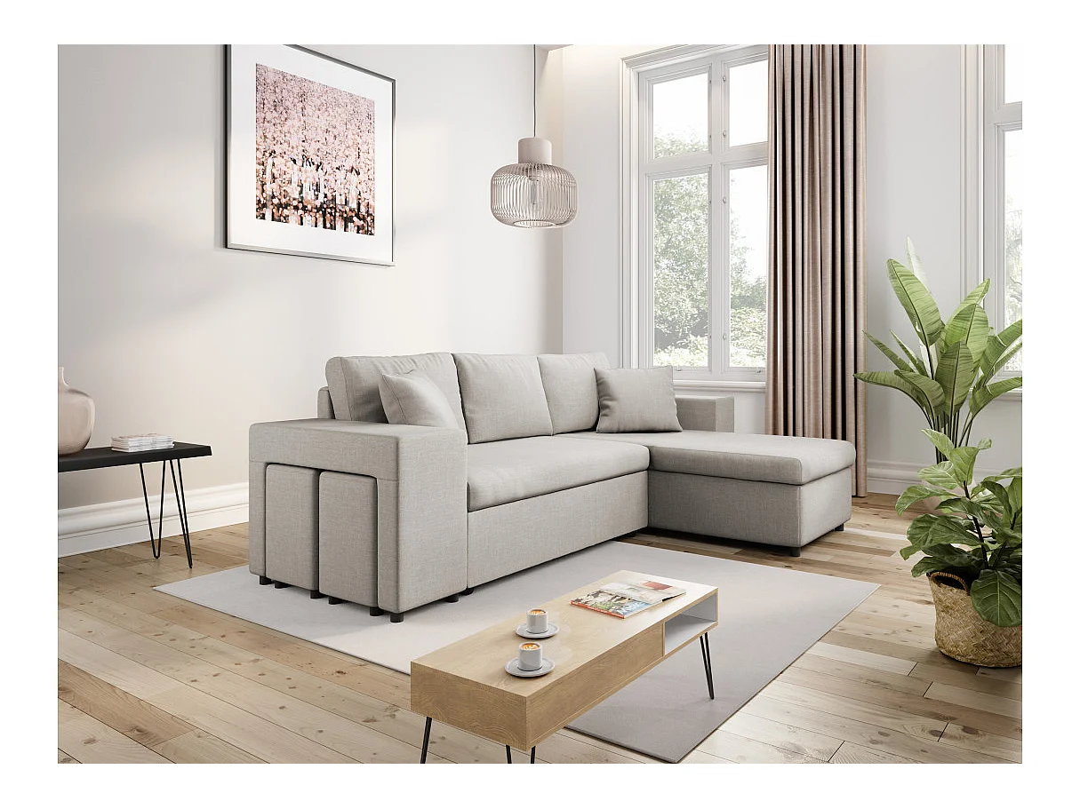 Canapé d'angle réversible Mady avec coffre, accoudoir étagère et poufs gauche en tissu - Beige - L254 x P146 x H81cm - Loungitude