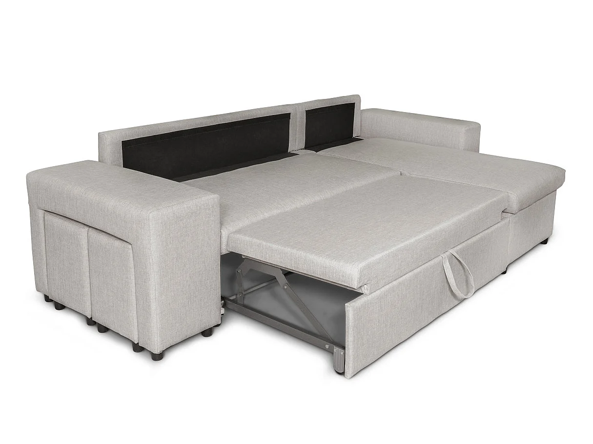 Canapé d'angle réversible Mady avec coffre, accoudoir étagère et poufs gauche en tissu - Beige - L254 x P146 x H81cm - Loungitude