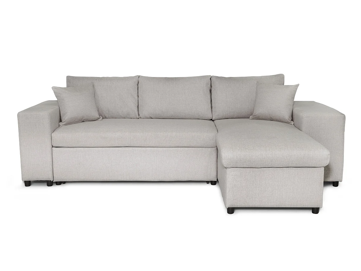 Canapé d'angle réversible Mady avec coffre, accoudoir étagère et poufs gauche en tissu - Beige - L254 x P146 x H81cm - Loungitude