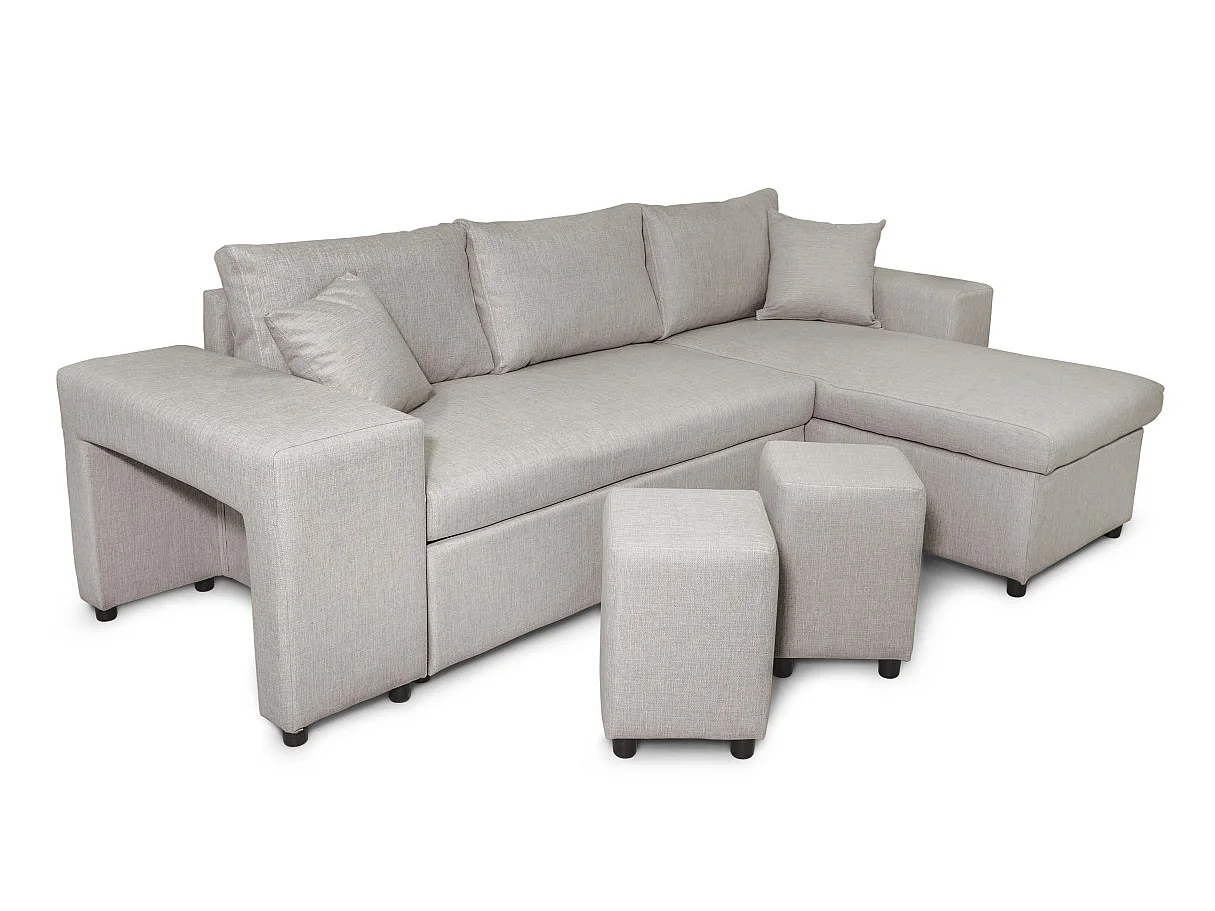 Canapé d'angle réversible Mady avec coffre, accoudoir étagère et poufs gauche en tissu - Beige - L254 x P146 x H81cm - Loungitude