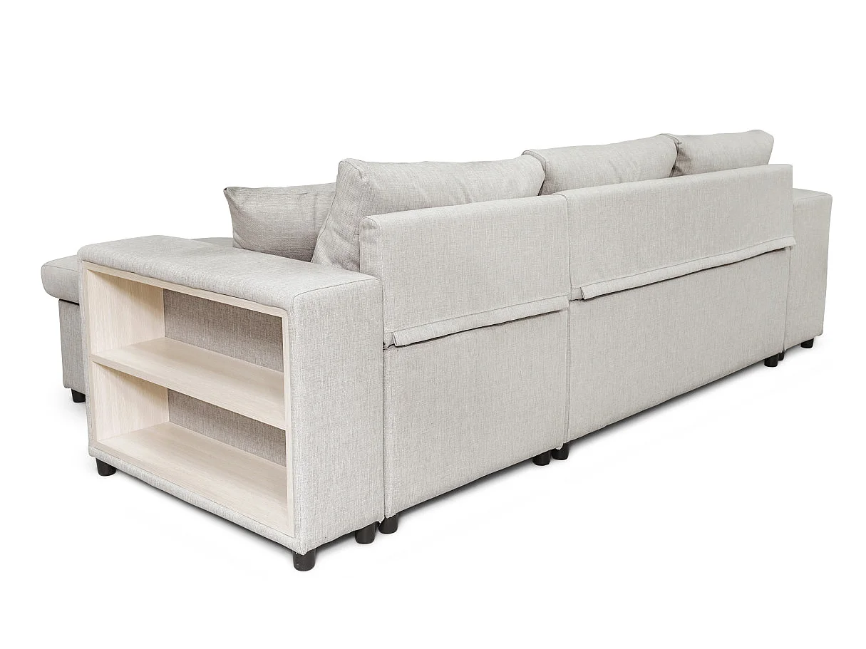 Canapé d'angle réversible Mady avec coffre, accoudoir étagère et poufs gauche en tissu - Beige - L254 x P146 x H81cm - Loungitude