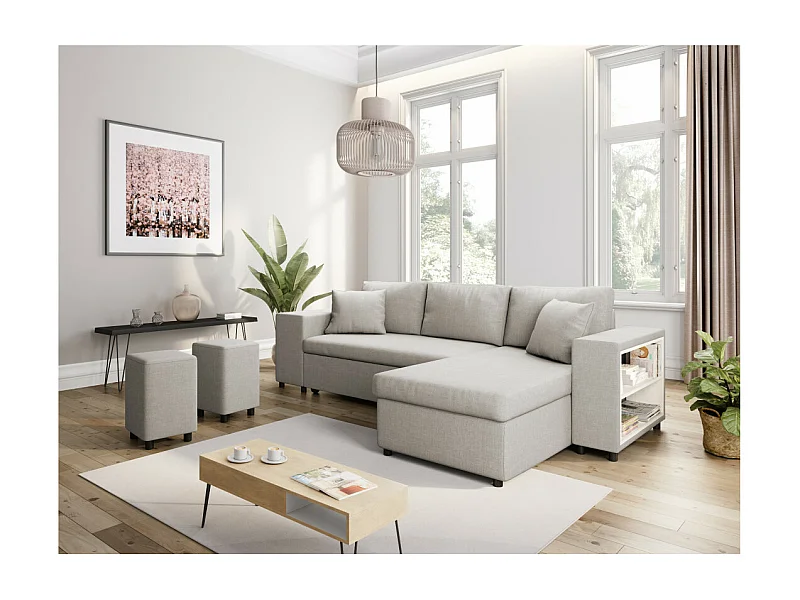 Canapé d'angle réversible Mady avec coffre, accoudoir étagère et poufs gauche en tissu - Beige - L254 x P146 x H81cm - Loungitude