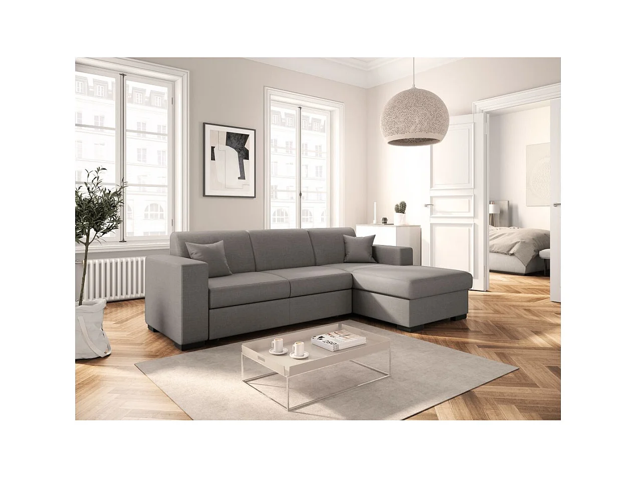 Canapé d'angle droit 4 places Fuji XL convertible avec coffre en tissu - Gris clair - L262 x 157 x 83cm - Loungitude
