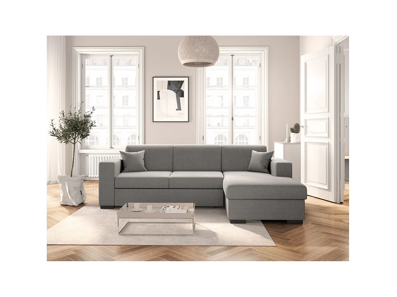 Canapé d'angle droit 4 places Fuji XL convertible avec coffre en tissu - Gris clair - L262 x 157 x 83cm - Loungitude
