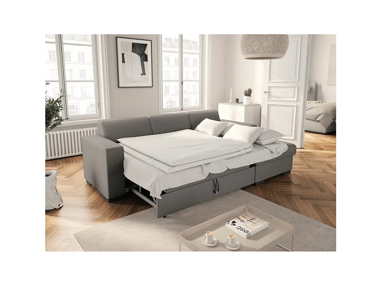 Canapé d'angle droit 4 places Fuji XL convertible avec coffre en tissu - Gris clair - L262 x 157 x 83cm - Loungitude